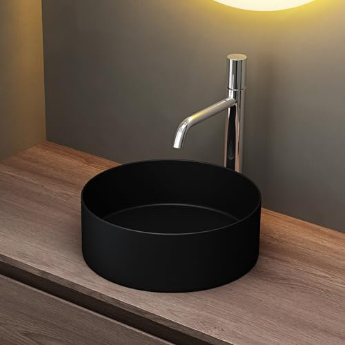 Mai & Mai Bathroom Sink Basin Countertop Wash Basin | Ceremic Round Matt Black | Modern Design Bathroom Vessel Sink | WDH: 31x31x11cm | Nano-Coating Brüssel203