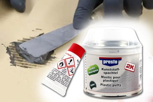 2K Kunststoffspachtel styrolfrei Schwarz, Polyesterspachtel 250g, 2 Komponenten Füller, Reparatur Kratzer + Beschädigungen Kunststoff PP, PUR, ABS, PVC, PA