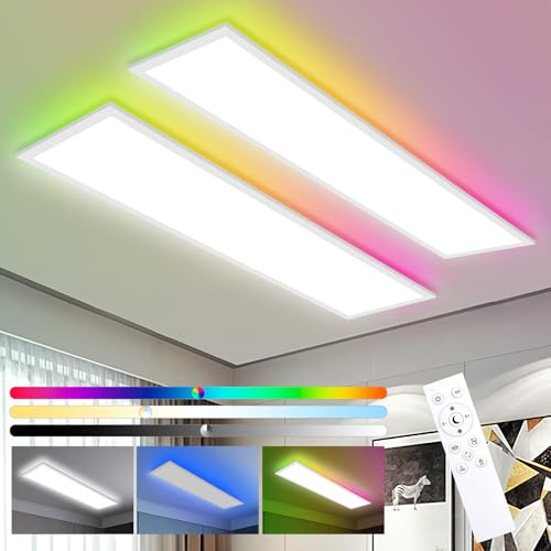 Oraymin 2x LED Panel 100x25cm Deckenleuchte Dimmbar mit RGB, 30W 3800LM Deckenlampe mit Fernbedienung, Speicherfunktion, 3000K-6500K Lampe für Wohnzimmer Schlafzimmer Küche Büro