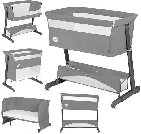 Lionelo THOMI Plus 5 w 1 Beistellbett, Kinderbett bis 9kg, Zustellbett | Reisebett, Laufstall bis 15kg, Sofa bis 100kg, höhenverstellbar, mit 2 Rollen und absenkbarer Seite Zustellbett