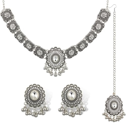 QUELAY Set di 3 gioielli indiani da donna, collana girocollo tradizionale indiana, orecchini, gioielli frontali, regali con strass, set da sposa Maang Tikka