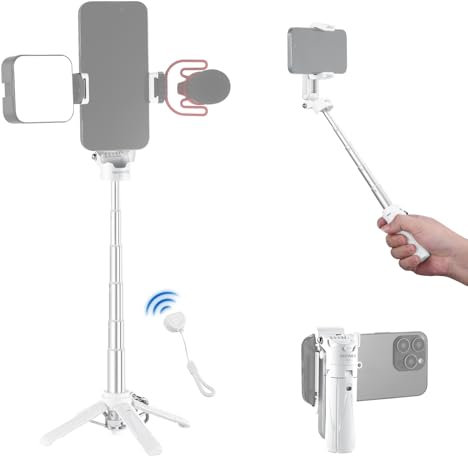 NEEWER Selfie Stick con Otturatore Remoto Bluetooth Rimovibile, Treppiede da Viaggio Leggero Pieghevole per iPhone, Portatelefono a 360° Cold Shoe per YouTube/TikTok Vlog Foto Live Stream, Bianco, P15