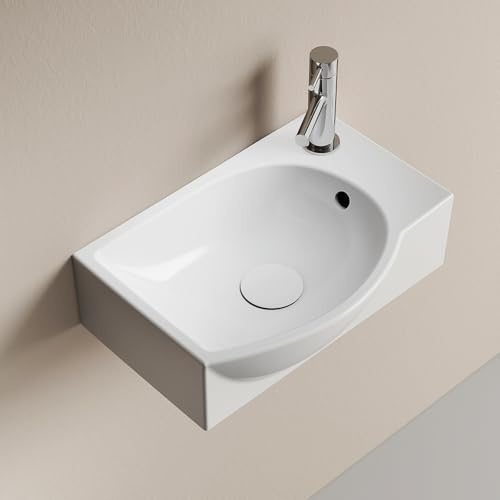 EMKE Lavabo Suspendido Blanco Brillante 40,5x28 cm, Grifo a la Derecha | Lavamanos Rectangular de Pared de Fondo Reducido, Pica de Cerámica para Baño Pequeño (Solo Lavabo)