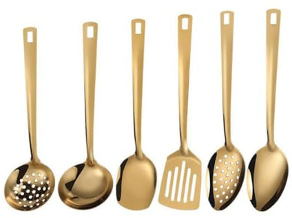 Juego de 6 utensilios de cocina de acero inoxidable chapado en oro, juego de utensilios de cocina dorados, herramientas de cocina de acero inoxidable, utensilios de servir de metal (dorado)