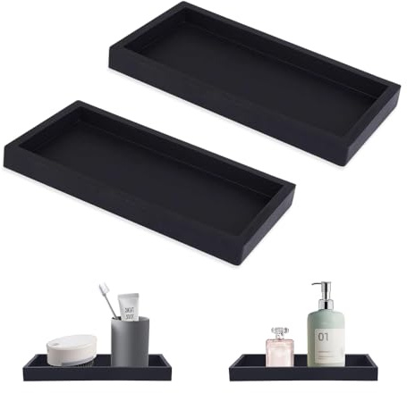 YZROHYI Plateau Salle de Bain 2 Pièces Rectangulaire Silicone Noir 19.6x10.2x1.8 CM, Plateau de Rangement Cosmétique, Bijoux et Bougie, Moderne et Résistant à l'Humidité
