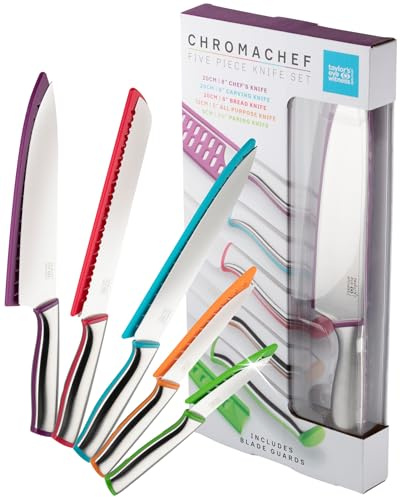 Chromachef 5 Piece Kitchen Knife Set with Ultra Sharp Taper Ground Blades, Ergonomic Stainless Steel Handles & Protective Blade Guards - Includes Chef, Bread, Utility, Paring & Carving Knives