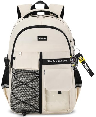 YAMTION Mochila para la escuela, adolescentes, mochila para hombres y mujeres, mochila universitaria con puerto de carga USB, mochila de viaje para laptop para trabajo de escuela (Beige, 15.6inches)