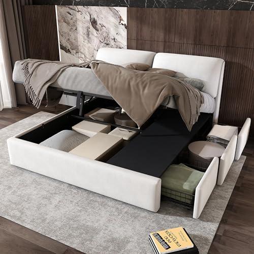 Fppuueg Cama Tapizada de 180x200 cm con Cabecero Tapizado y 3 Cajones, Estructura de Cama Doble con Soporte de Láminas de Madera y Almacenamiento Hidráulica, Sin Colchon, Terciopelo, Beige