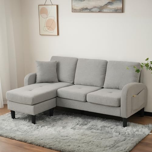 Generisch L-förmiges Ecksofa mit Chaiselongue – 3-Sitzer Sofa modular, 166 x 118 x 77 cm, atmungsaktiver Baumwoll-Leinenstoff, Kunststoffbeine, kompakt & platzsparend für Wohnzimmer, Büro