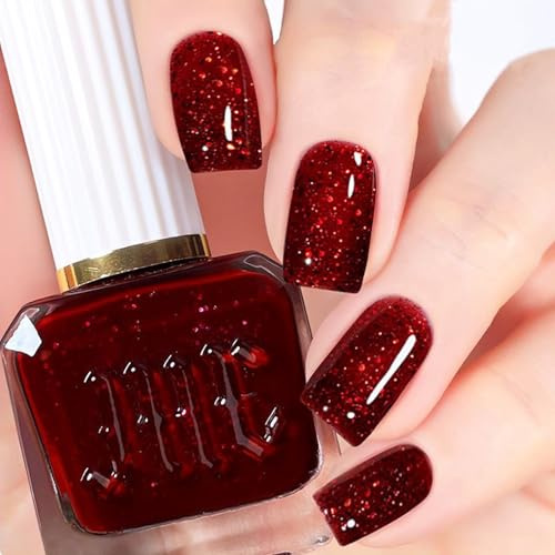 Glitter Nail Polish - Burgundy Red Nail Polish Quick Dry - Long Lasting Dark Red Nail Varnish - Glossy Breathable Sparkly Nail Varnish - Chip Resistant Non-Toxic for DIY Nail Art Manicure