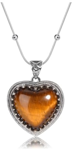 JSDDE Vintage Collier Pendentif de Coeur en Pierre Naturelle pour Femme Fille Collier Coeur d'Amour Pierre et Cristal Chaton Antique Chaîne de Perles en Acier Bijoux Rétro Copine Maman (Oeil de Tigre)