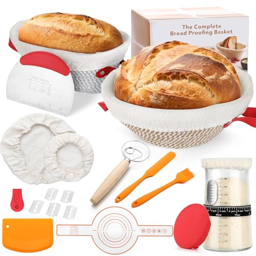 Gärkorb Brot Set, Sauerteig Starter Sets, Gärkörbchen zum Brotbacken, 23cm Rund & 25cm Oval Brotkörbchen, Komplettset Brot Backen Zubehör, Brotbacken Startver Set für Anfänger, Erfahrener Bäcker