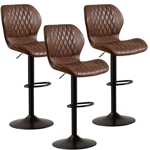 YUUIJOAA Barhocker,Bar Stühle mit Lehne, 360°Drehstuhl Küchenstuhl, Höhenverstellbar, PU-Kunstleder, für Esszimmer Heimbar Kücheninsel (Braun, 3 PCS)