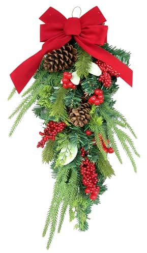 Feeshoppher Upside Down Weihnachtskranz, 45 cm/75 cm, Weihnachtskranz in Tropfenform, festliche Weihnachtskränze in Tropfenform mit roten Beeren für Haustüren, Treppenhäuser, Kamine und Bäume (45 cm)