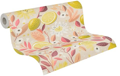 A.S. Création Floral-Vliestapete – Beige, Gelb, Rot, Lila – 10,05 x 0,53 m | Florales Floral-Motiv als natürlicher Blickfang – matte Motivtapete, einfach zu verkleben & spurlos abziehbar