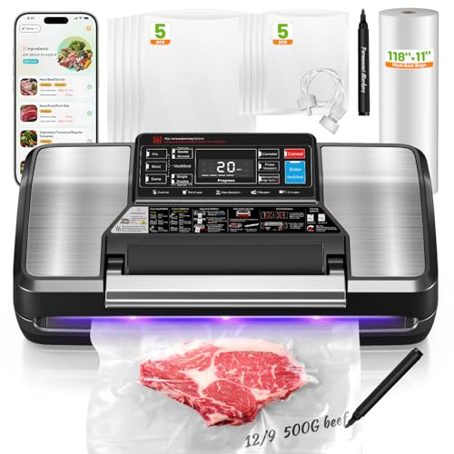 Nunemosk Vacuum Sealer Machine, 95KPa 230W Food Saver with Built-in Cutter, 12-in-1 Modes, Kireo App Expiry Reminders, Quiet 58dB, 2-Year Warranty, Silver
