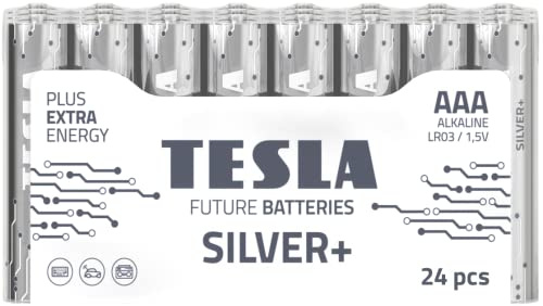 TESLA BATTERIES SILVER+ AAA High Performance Alkaline Batteries, Micro Pencil Batteries, 10- Year Shelf Life, A Long-lasting Battery Life, Leak-free, LR03, 24 count [Pack of 1]