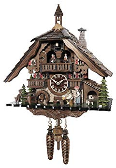 Engstler Quarz Kuckucksuhr Schwarzwaldhaus mit Musik und Tänzern, drehendem Mühlrad, der Biertrinker und die Frau Heben den Arm