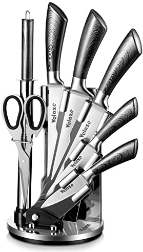 Velaze, Set di 8 Coltelli da Cucina in Acciaio Inossidabile, Set di Coltelli Professionali Chef con Blocco Coltelli Girevole