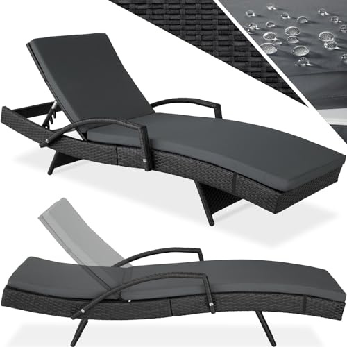 tectake® Solsäng i konstrotting med fem stegs justerbart ryggstöd, solbädd för trädgård & uteplats - solstol med avtagbara dynor, loungemöbl med justerbar ryggstöd i fem steg - Svart