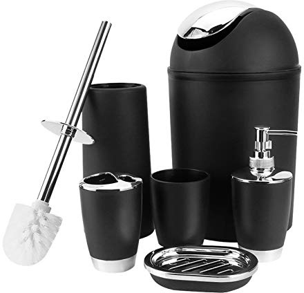 Cerlingwee 6 Stück Badezimmer Set, Badzubehör Lotion Flasche, Zahnbürstenhalter Zahnbürste Tasse Tumbler Seifenspender Toilettenbürste Mülleimer (schwarz)