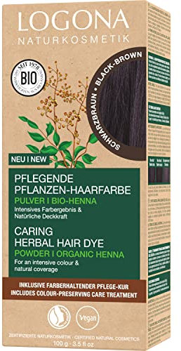 LOGONA Naturkosmetik Pflegende pflanzliche Haarfarbe, Veganes Haarfarbe-Pulver mit Bio-Henna für intensive Farbe und Glanz, Pflanzenhaarfarbe in Schwarzbraun (Braun), 1 x 100g