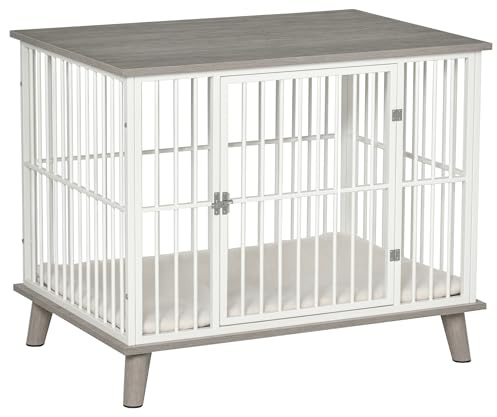 Gabbia per cani PawHut per casa, cuccia per cani con chiusura a chiave e cuscino, box per cani con porta, casa per cani di taglia media sotto i 15 kg, grigio, 86 x 60 x 70 cm