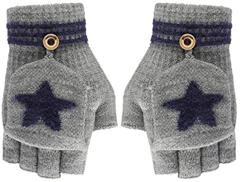 Kids Convertible Fingerless Gloves With Mitten Cover Teens Winter Warm Half Finger Insulated Gloves Students Cycling Writing Wool Blend knitted Flip Top Glove Mittens for Boys & Girls 5-10 Years