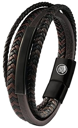Casisto.J Läderarmband för herrar, armband i läder för män, rostfritt stål, gravyr, svart, brunt och blått, flätat, med magnetlås, anpassningsbart, 20, Läder