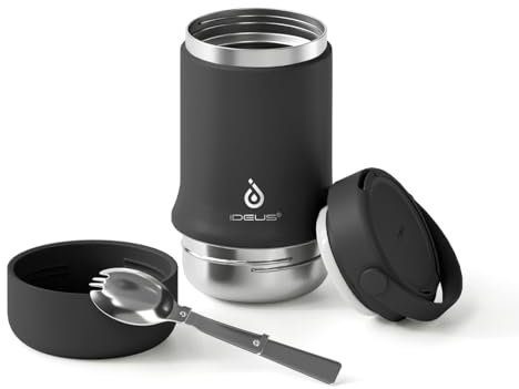Ideus Essensbehälter mit der Faltlöffel, Edelstahl Isolierte Lebensmittelflasche 600ml, für Schule, Büro, Reise, Camping, 12 Stunden heiß, 24 Stunden kalt (20oz,Schwarz)