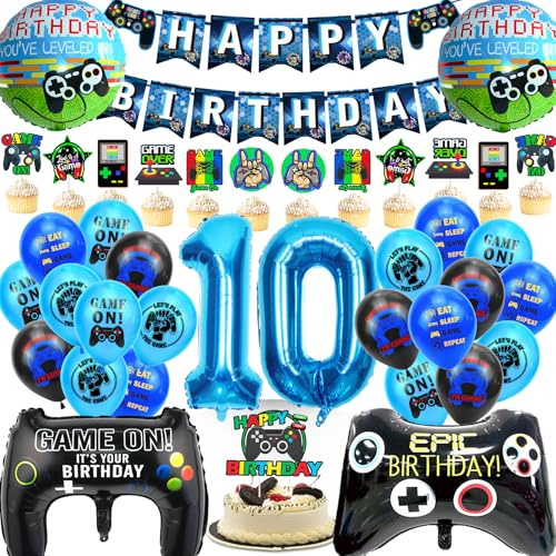 waziwe Gaming Deko 10 geburtstag junge, Blau Party dekorationen für Jungen | Geburtstagsdeko 10 jahre Junge beinhaltet Ballon Girlande, Geburtstagsbanner, Tortendeko, Gamer Deko, Folienballon 10