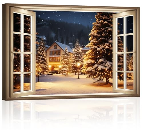 ZXHYWYM Christmas Canvas Wall Art Winter Snow Scene Picture Prints New Year Window View Poster Artwork Home Decor Stretched and Framed (Christmas-2, 12.00 x 18.00)