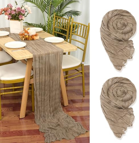 2 Stück Seihtuch Tischläufer Hellbraun, 90 x 300 cm Braun Rustikaler Gaze Stoff Boho Käsetuch Cheesecloth Hochzeit Tischdecke für Hochzeitsfeier Brautparty Tischdekoration