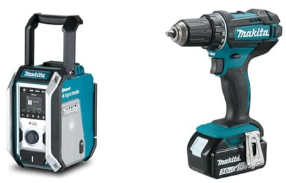 Makita DMR115 Akku-Baustellenradio (ohne Akku, ohne Ladegerät), Türkis, Schwarz, Silber & DDF482RFJ Akku-Bohrschrauber 18V / 3,0 Ah, 2 Akkus + Ladegerät im MAKPAC Schwarz, Blau