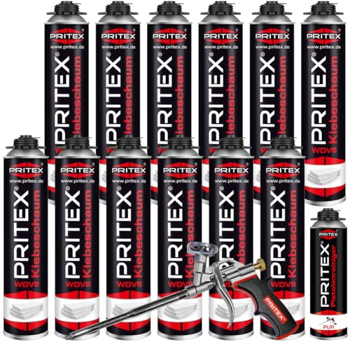 PRITEX WDVS Klebeschaum Set, 12x 750ml Dämmstoffkleber, Pistole, Reiniger