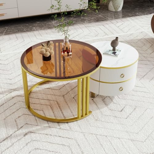 Merax Rund Couchtisch 2er Set, Moderne wohnzimmertisch mit Glas Desktop, Hochglanz Satztisch mit Schubladen, für Wohnzimmer, Balkon und Büro, Weiß