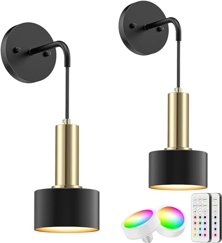 LABOREDUCER LED Wandleuchte Innen 2 Stück Schwarz mit Fernbedienung,Batteriebetriebene RGB Kabellose Wandlampe Wandleuchte Akku für Wohnzimmer Schlafzimmer (RGB)