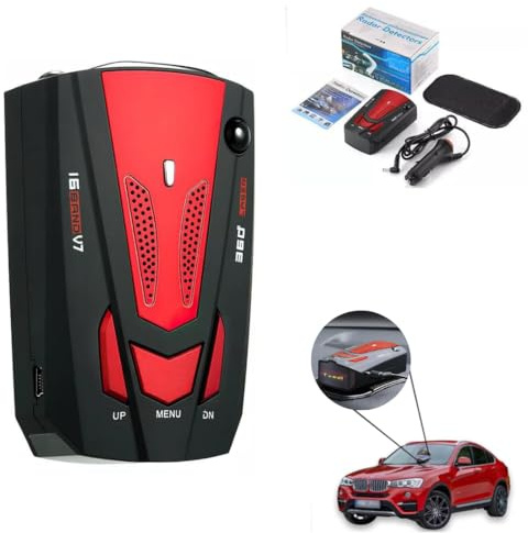 KF Premium Car Radar Detector – 16-Band V7 with GPS, 360° Laser Detection for City Road and Motorway, Speed Camera Alerts, Voice Alerts, and Anti-Tracking Protection (Red)