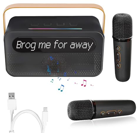 Karaoke-Maschine mit 2 kabellosen Mikrofonen, tragbare Karaoke-Maschine, Mini-Bluetooth-Lautsprecher für Kinder und Erwachsene, mit LED-Display und LED-Lichtern (schwarz)