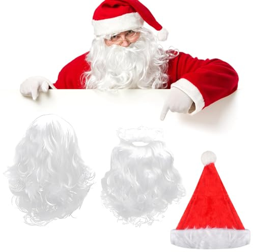 Tundwhite Weihnachtsmann Kostüm Set, 3 Stück Weihnachtsmütze Weihnachtsmann Bart und Perücke, Weihnachtsmann Bart + Perücke + Mütze, Weihnachtsmann Kostüm für Weihnachten Party Deko