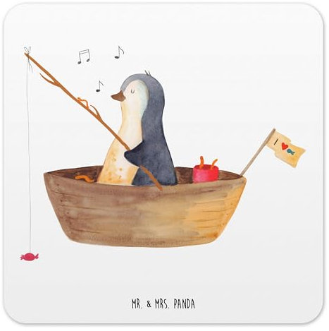 Mr. & Mrs. Panda 6er Set Untersetzer Set Pinguin Angelboot - Geschenk, Leben, Filzuntersetzer rund, Tischuntersetzer, Angeln, Holzuntersetzer,
