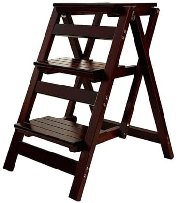 Wooden 3 Tier Step Ladder with Storage Shelf Multifunctional Folding Step Stool for Home Kitchen and Library Space Saving Design (Style 4)
