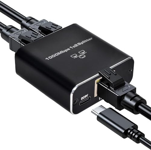 Ethernet Splitter 1 to 2, RJ45 1 to 2 Gigabit Network Splitter, 1000Mbps Ethernet Switch 2 Port Gigabit Network Switch High-Speed with USB Type-C Power Cable for Computer/Hub/Router/ADSL/Digital