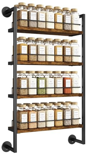 IBUYKE Spice Rack Wall Mount,4 Tier Hanging Seasoning Organizer,Large Spice Rack for Wall for up to 56 Jars,Spice Organization for Kitchen Cabinet,Spice Shelf for Kitchen,Bathroom,Pantry,Brown TLJ016H