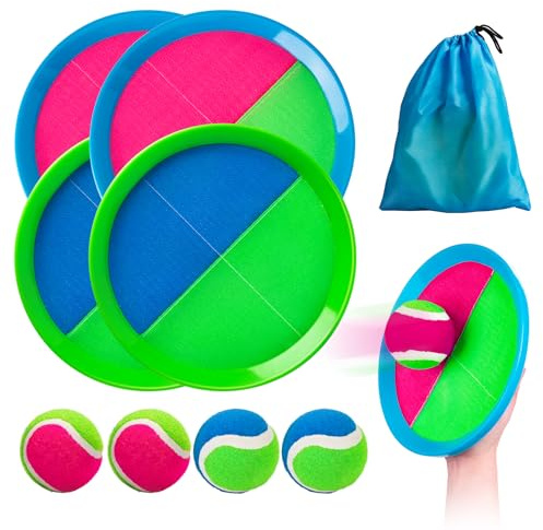 INPODAK Toss and Catch Ball Set,Garden Games for Kids 8-12 Years,Children Bat Balls Catcher Set,Outdoor Sand Beach Toys for Kids Age 3 4 5 6 7 8 Years old(4 Balls, 4 Paddles)