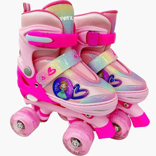 FWFX Verstellbare Kinder-Rollschuhe für Kinder Mädchen und Jungen, Mit Leuchtenden Rädern Rollschuhe,4 Größen Verstellbar Quad Roller Skates für Mädchen und Anfänge Weihnachts Geburtstags Geschenke