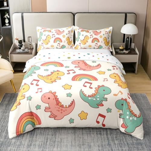 Homewish Cute Dinosaur 100% Cotton Duvet Cover Set Cartoon Animal Colorful Dino Comforter Cover Set for Kids Bedroom Kawaii Stars Rainbow Music Bedding Comforter Cover Queen Size 3pcs