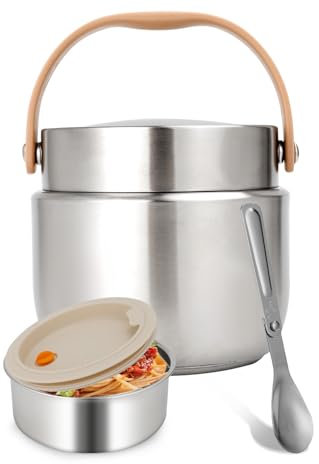 Ezvsevuo Thermos per Alimenti Caldi 1200ml, Contenitore Termico per Alimenti Caldi con Cucchiaio Pieghevole, Thermos per Cibo in Acciaio Inossidabile, Tazza Termica per Zuppe, Noodles (Argento)