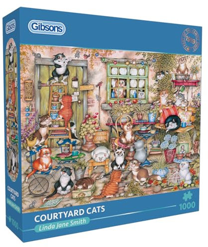 Gibsons Courtyard Cats 1000 Piece Jigsaw Puzzle for Adults – Whimsical Feline Artwork by Linda Jane Smith – Fun Animal Cartoon Scene – Premium Sustainable Puzzle Made in the UK/EU