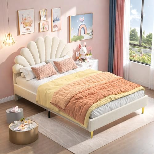 Lit double rembourré 140 x 200 cm, lit Enfant Fille avec Tête de Lit en Forme de Fleur, Réglable en Hauteur, Cadre de lit avec sommier à lattes, Lit pour adolescente,velours, sans Matelas (Beige)